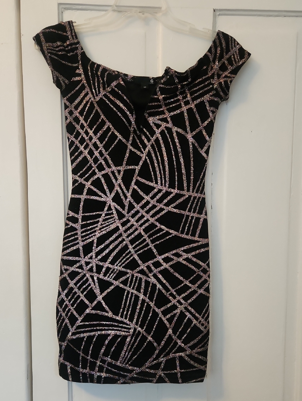Black and Rose Gold Patterned Cap-Sleeve Dress